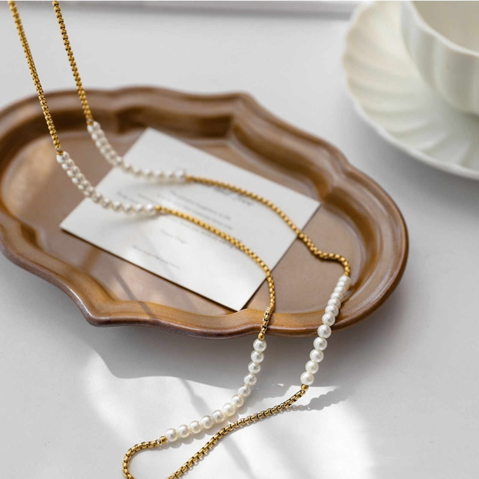 18K Gold Plated Long Shell Pearl Necklace Elegant Pearl Necklace 110cm Length Chain
