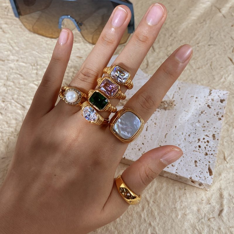 Zircon Rings Pearl and Natural Stone Ring 14K Gold Plated