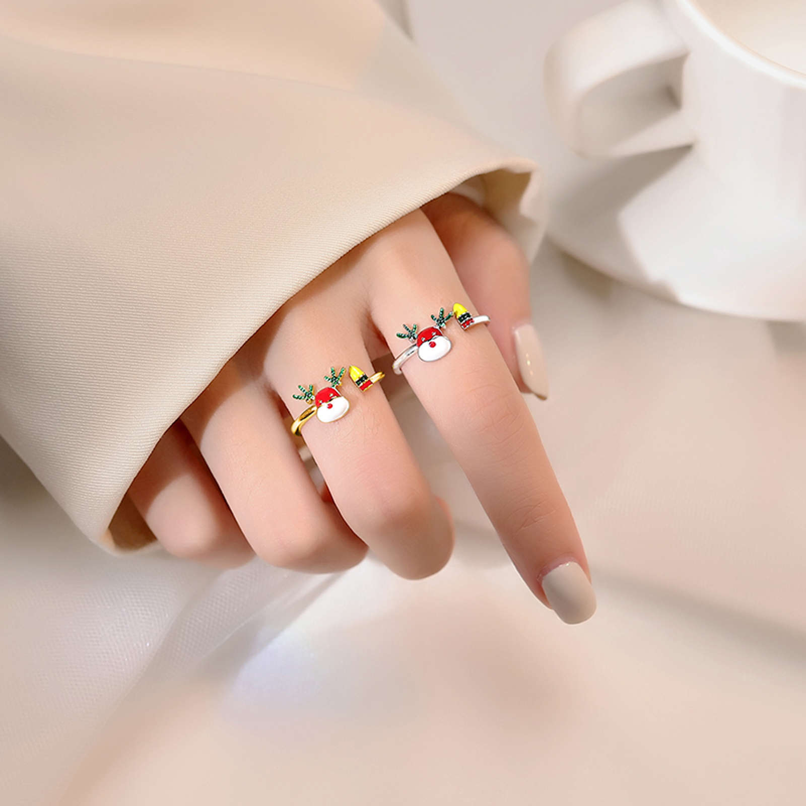 Designed Christmas Rings Red Bowknot Deer Xmas Tree Gold and Silver Rings Adjustable