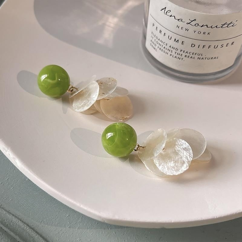 Pendientes Colgantes De Piedra Verde Y Nácar Pin De Plata S925