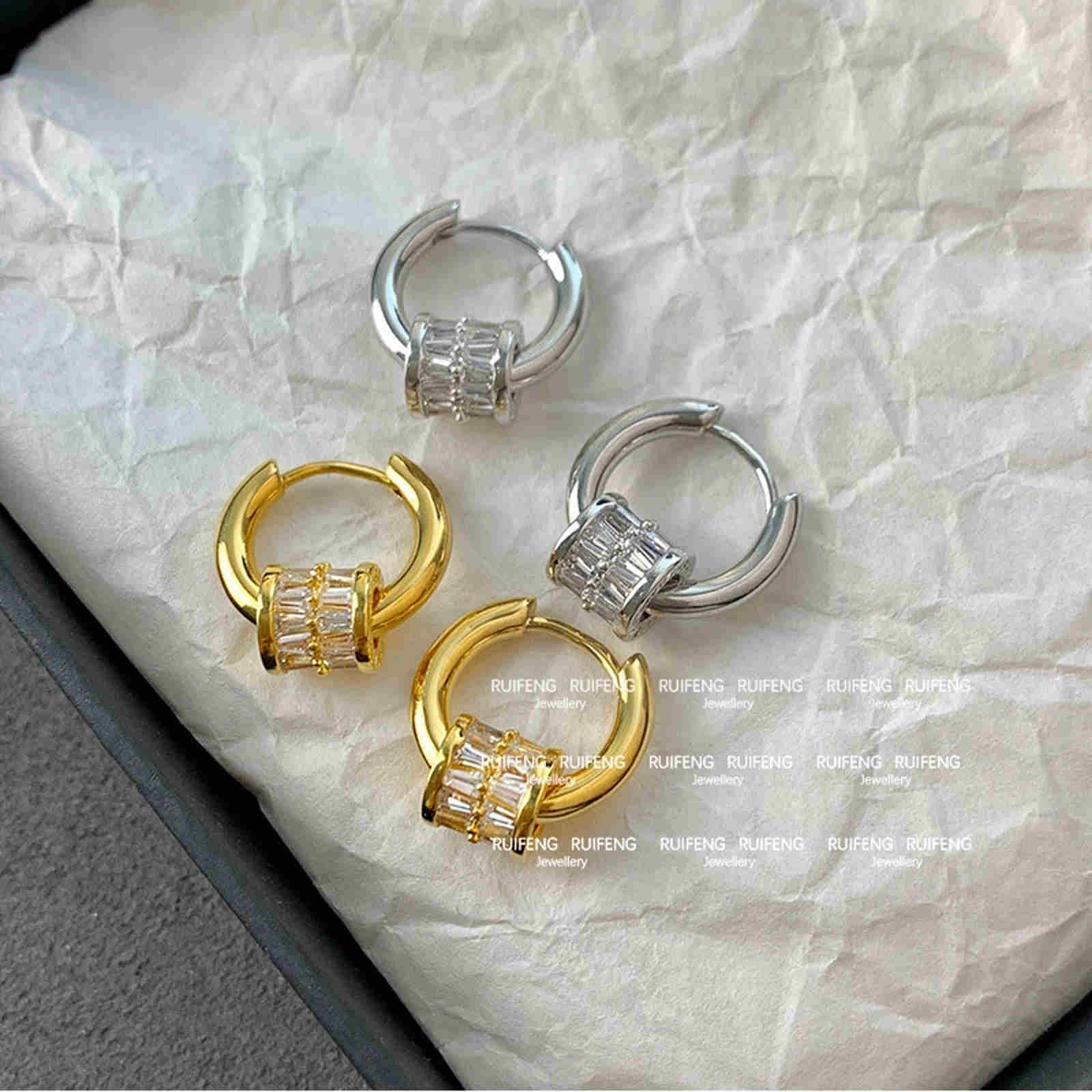 Small Chunky Hoop Earrings with Gold and Silver with Crystal Halo Hoop Drop Earrings S925 Silver Clasp