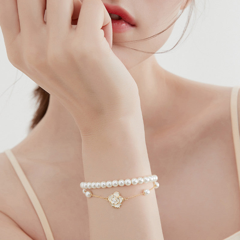 Gold Camellia Pearl Bracelet and Earrings | Double Strand Bracelets | Bow Earrings in 14K Gold Plated