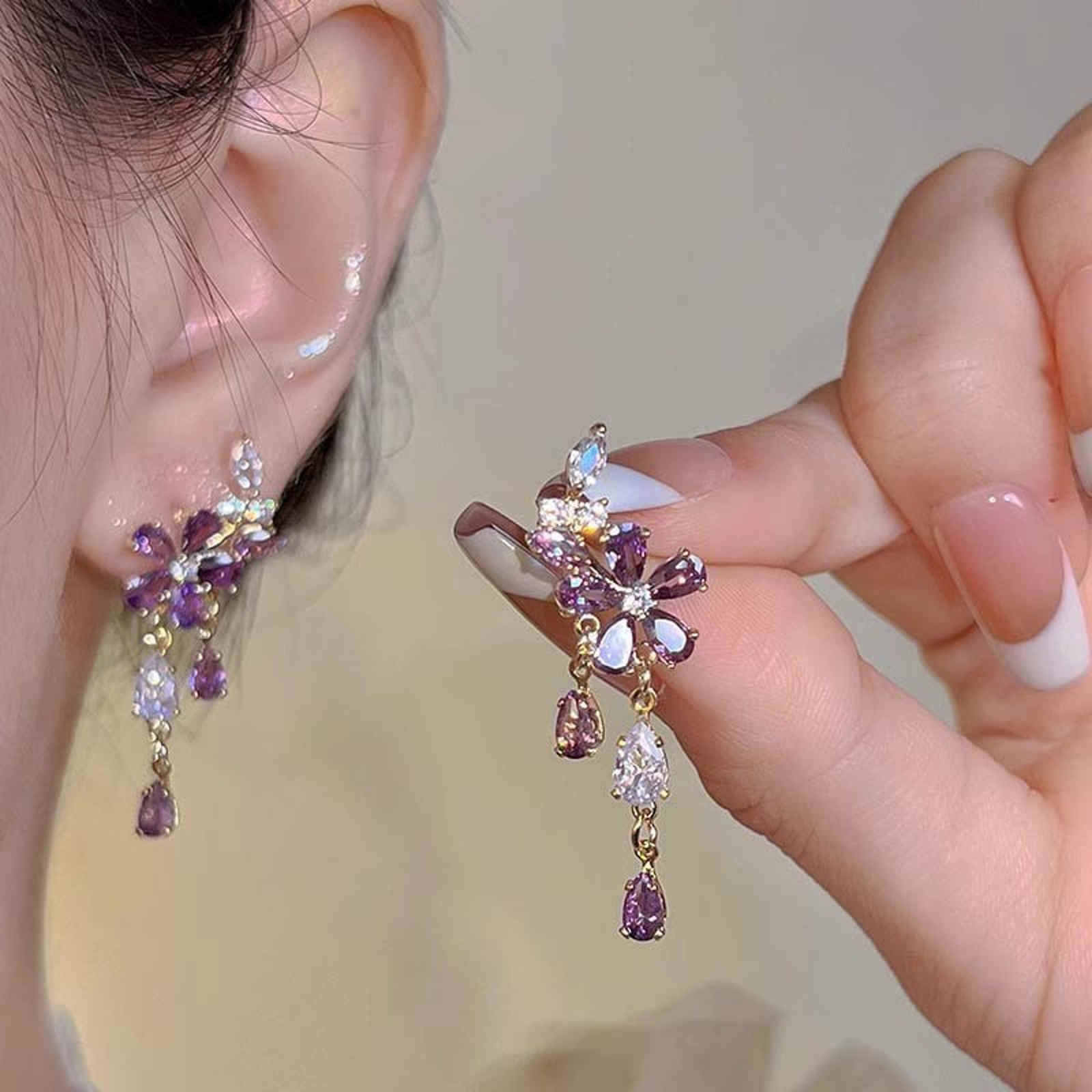 Crystal Flower Stud Earrings Super Shiny Purple Diamond Tassel Earrings