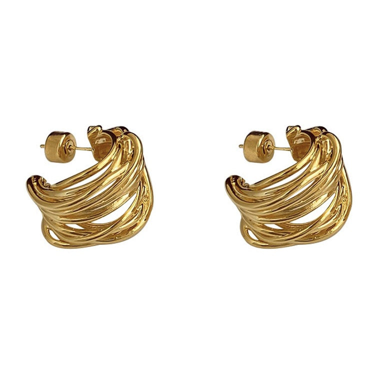 Pendientes de aro grandes con garra elegante, pendientes gruesos trenzados de oro y plata con alfileres de plata S925