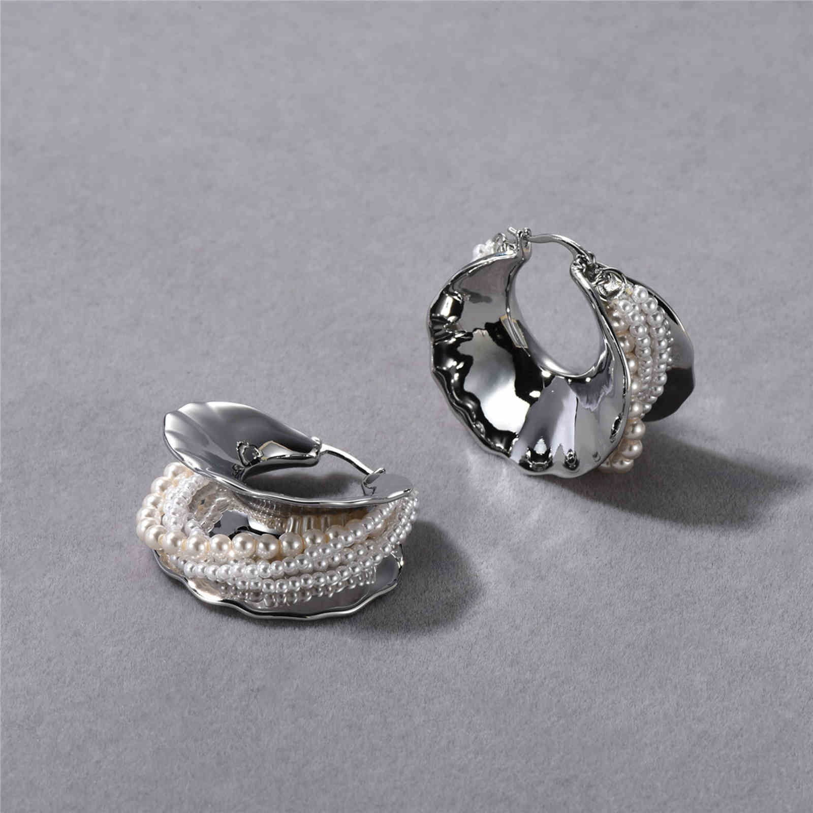 Super Big Hoop Earrings with Pearls Silver Chunky Huggie Designed Earrings