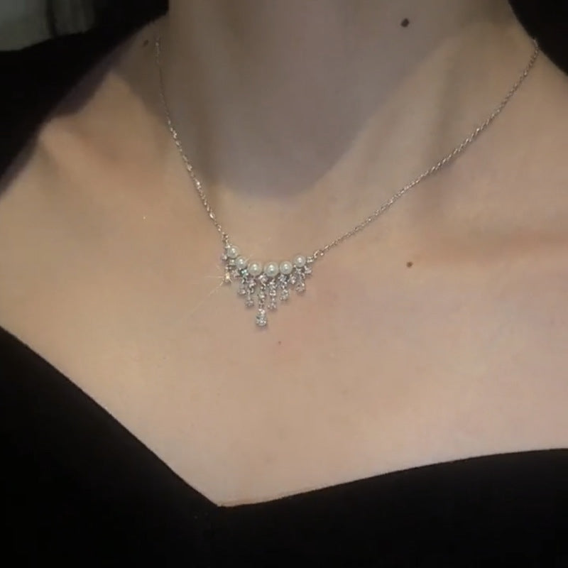 Pearl Silver Waterfall Necklace Pearl with Zircon Shining Drop Tassels Necklace