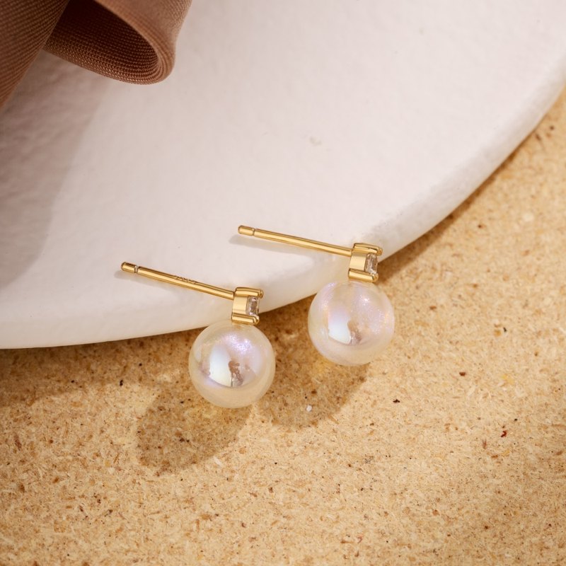 Moonstone Earring Studs Small Opal Pearl Drop with Diamond Earrings S925 Silver Pin