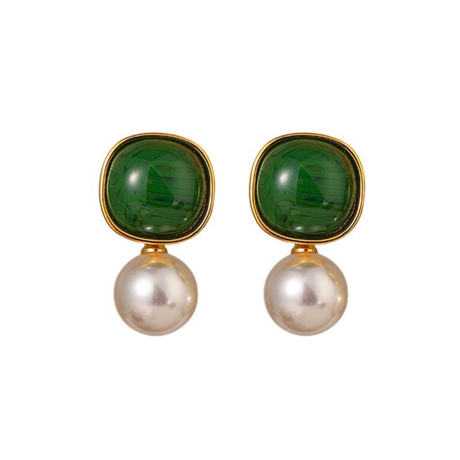 Vintage Style Pearl Drop Earrings Classic Green with 10mm Pearl Earrings Silver Pin