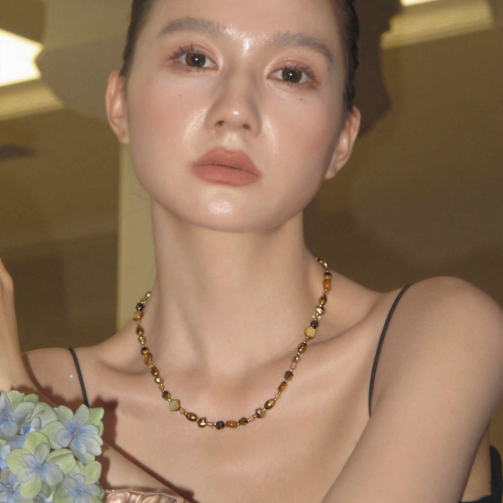 Natural Stone Necklace Tiger Eye Brown Stone with Baroque Pearl Necklace 45cm