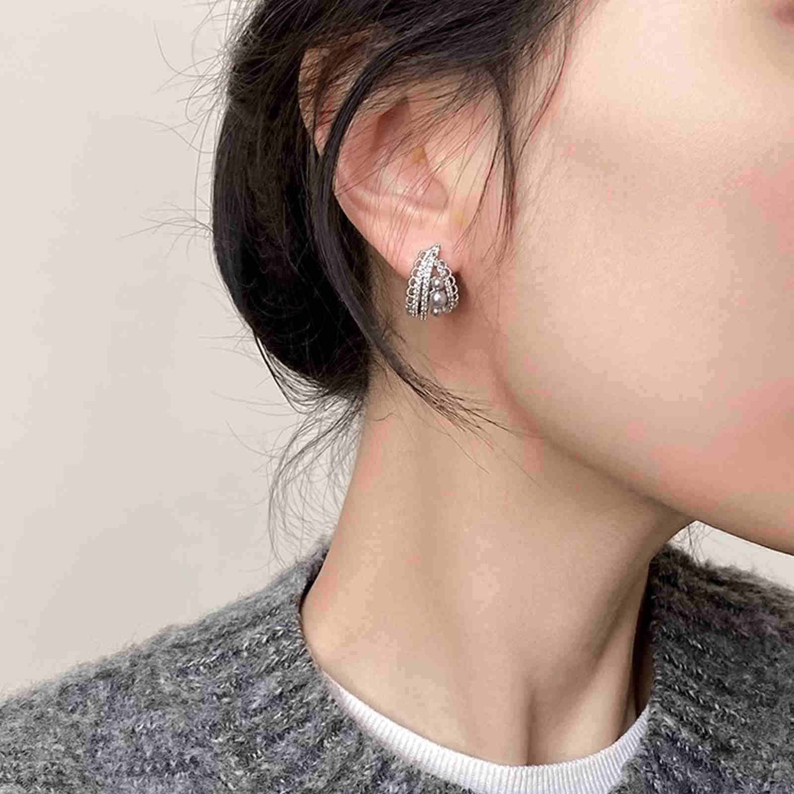 Elegant Lace Hoop Earrings White and Gray Pearl Earring Hoops with Silver Pin