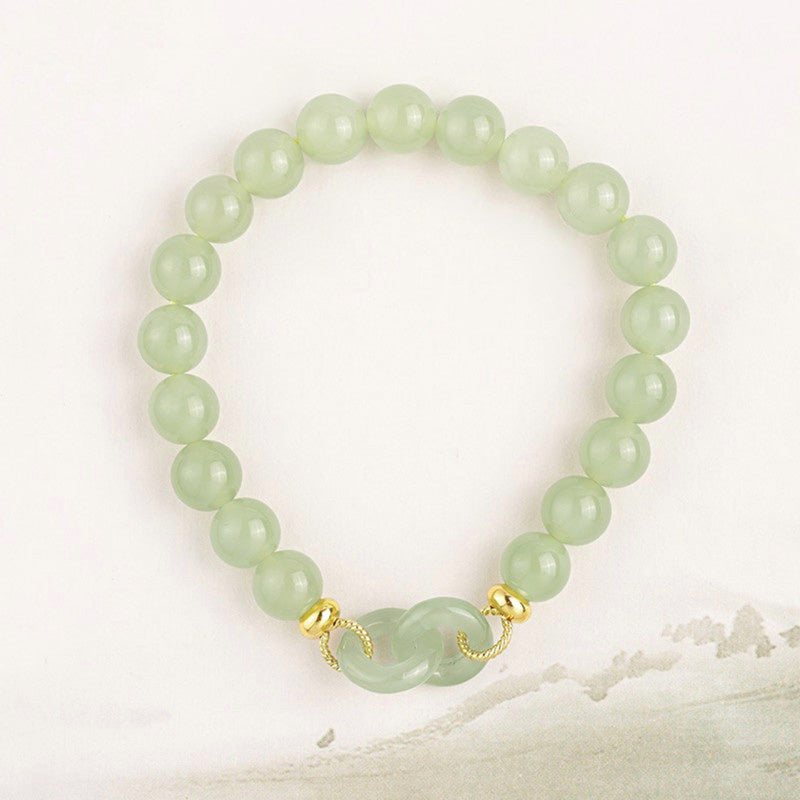 Green Jade Nephrite Bracelet | Round Pingan Clasp Nephrite Bracelet | Elastic Rope Jade Bracelet for Women