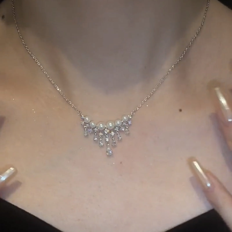 Pearl Silver Waterfall Necklace Pearl with Zircon Shining Drop Tassels Necklace