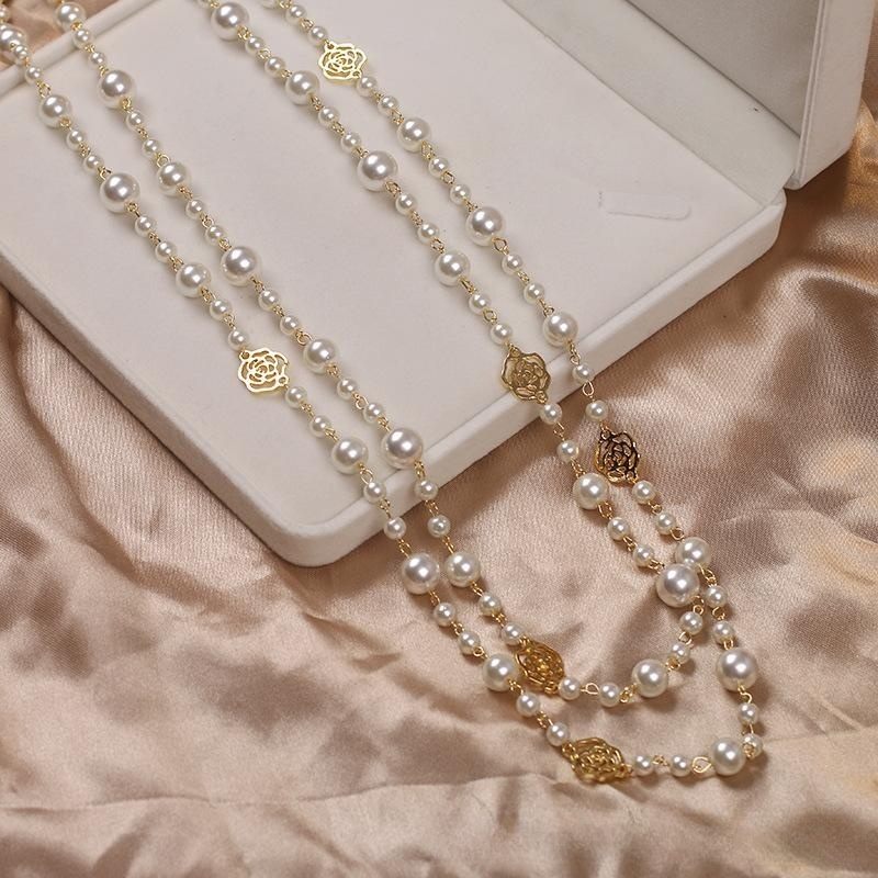 2 Strands Dress Chain Sweater Chain Long Pearl and Clover Necklace