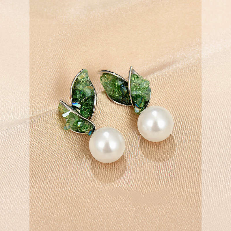 15MM Large Pearl Earrings Green Orange Crystal Leaf Shaped Earrings with S925 Silver Pins