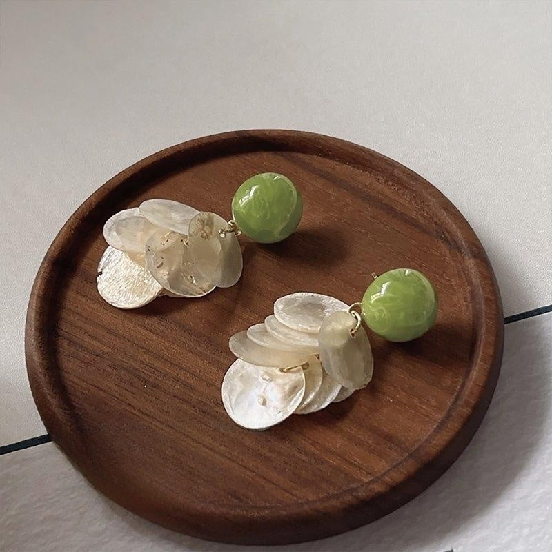 Pendientes Colgantes De Piedra Verde Y Nácar Pin De Plata S925