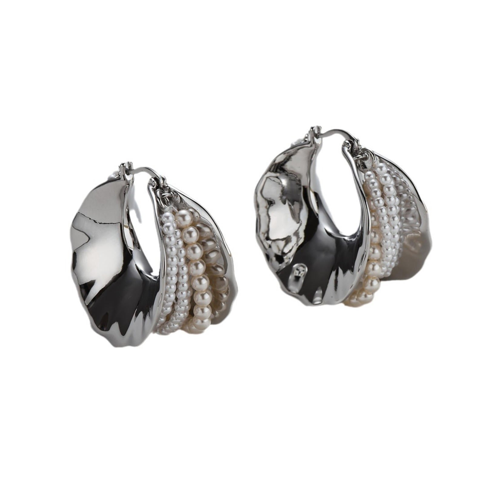 Super Big Hoop Earrings with Pearls Silver Chunky Huggie Designed Earrings