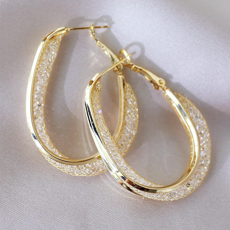 Crystal Big Chunky Earrings | Hollow Mesh Crystal Hoop Earrings | Bright Rhinestone Earrings for Women