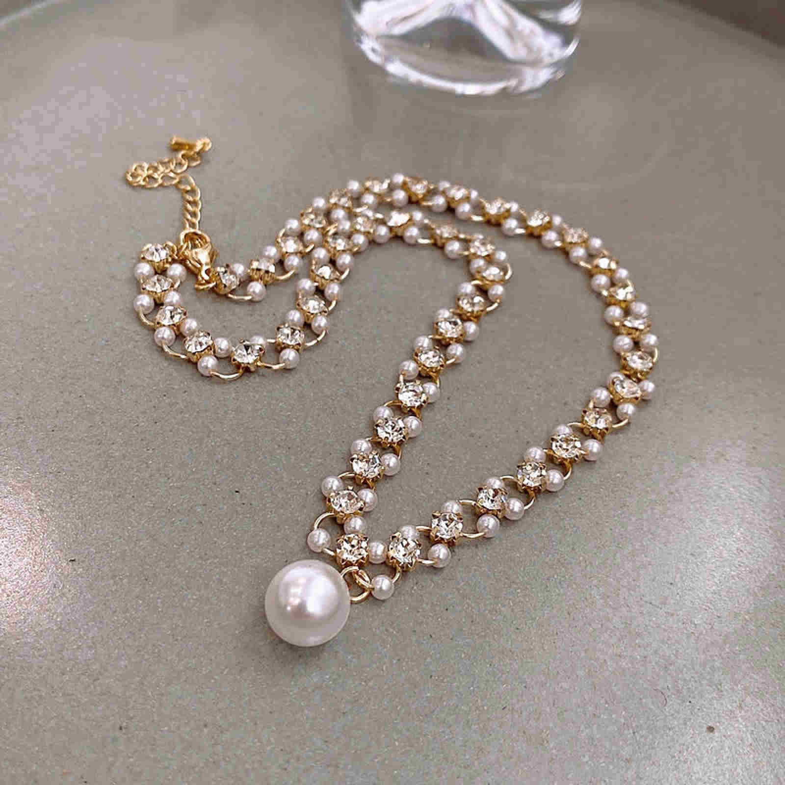 Sweet Pearl Chocker Petite MlutiStrand Pearl Chain and Pearl Drop Necklace 40cm