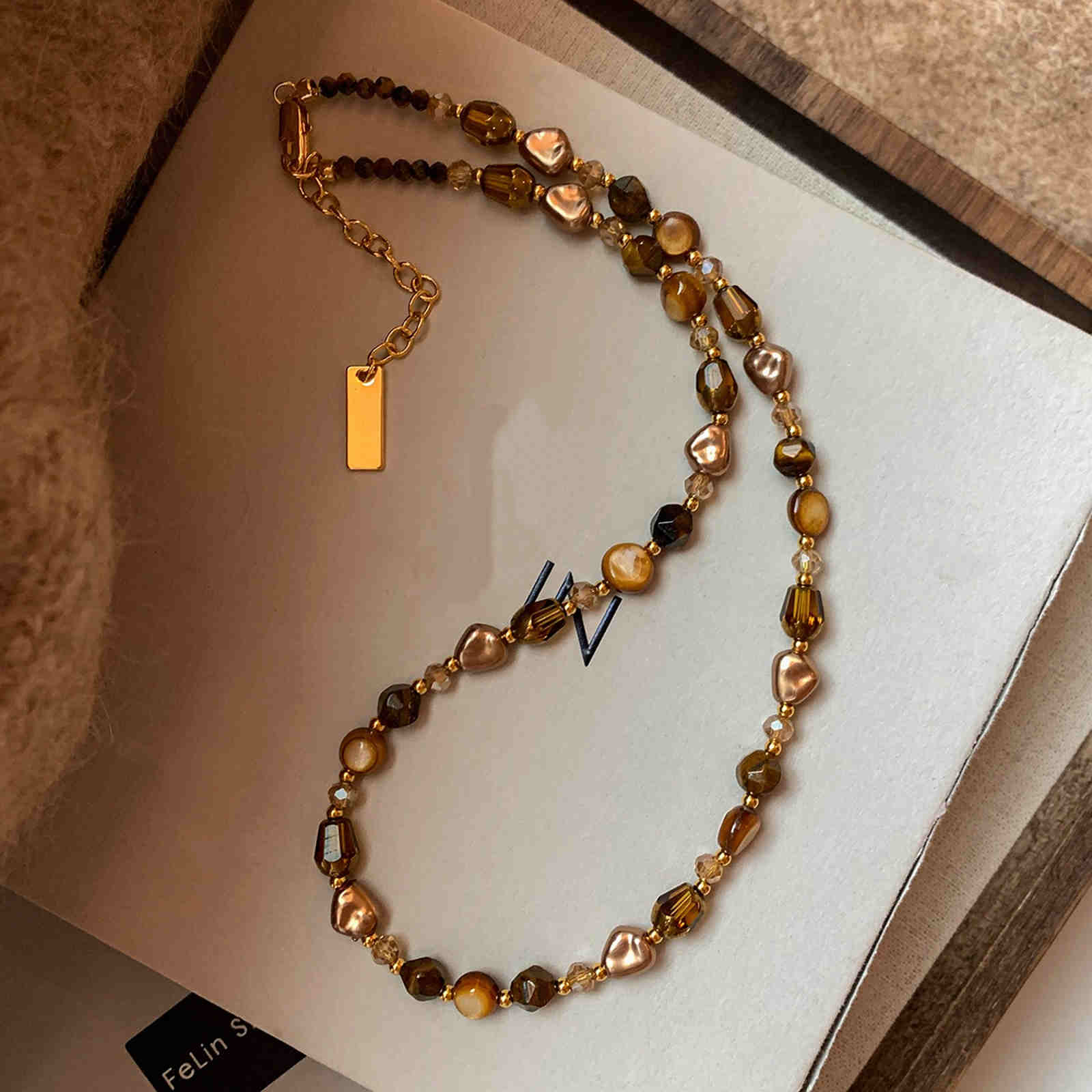 Natural Stone Necklace Tiger Eye Brown Stone with Baroque Pearl Necklace 45cm