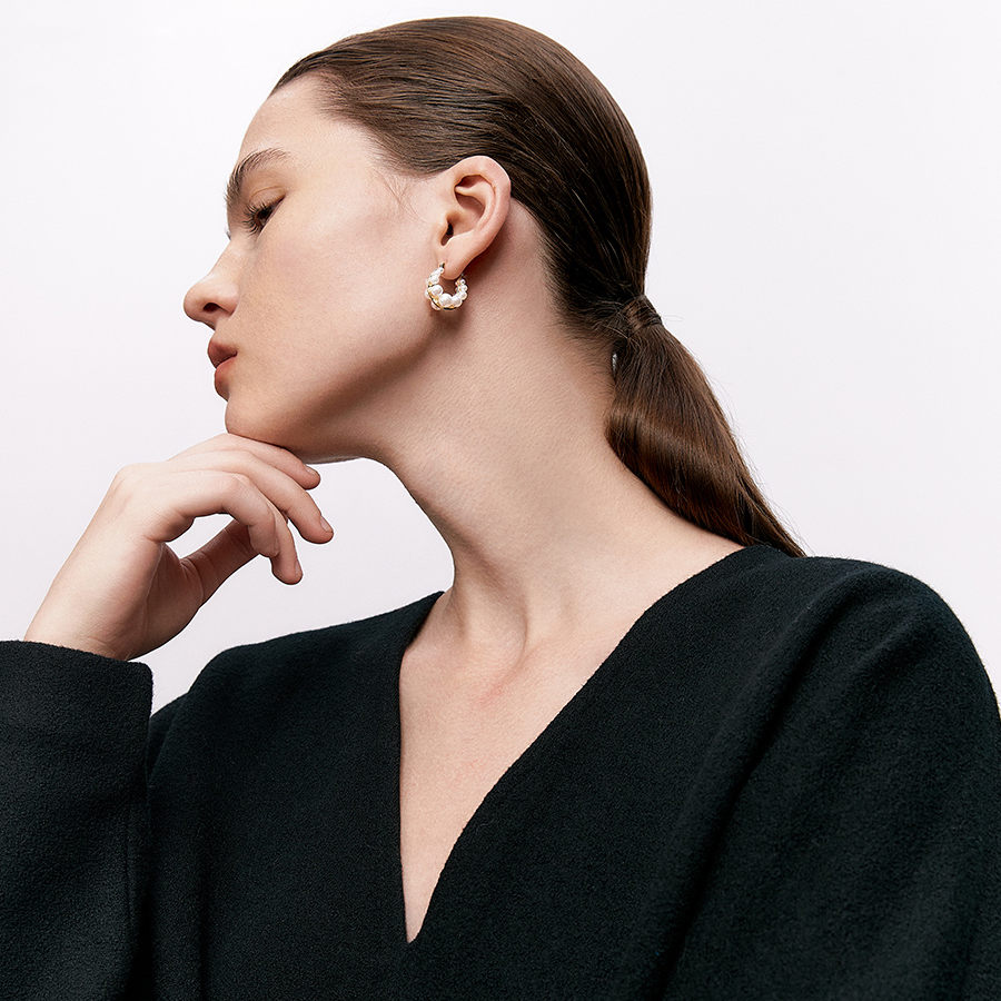 Shell Pearl Hoop Earrings Gold Earring Hoop with White Pearls and Silver Pins