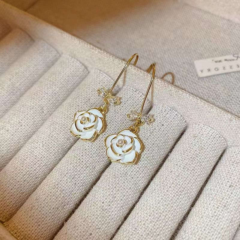 Gold Camellia Pearl Bracelet and Earrings | Double Strand Bracelets | Bow Earrings in 14K Gold Plated