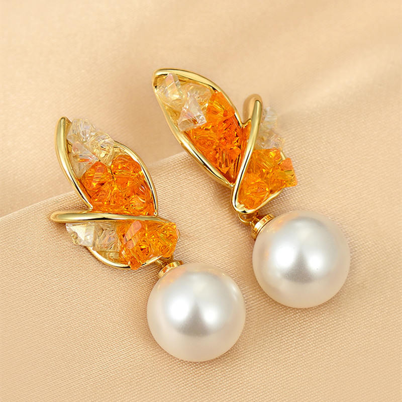 15MM Large Pearl Earrings Green Orange Crystal Leaf Shaped Earrings with S925 Silver Pins