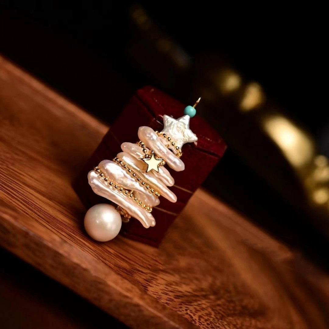 Real Baroque Pearl Necklace Pendant Luxury Christmas Tree Brooch Necklace with Gold Chain