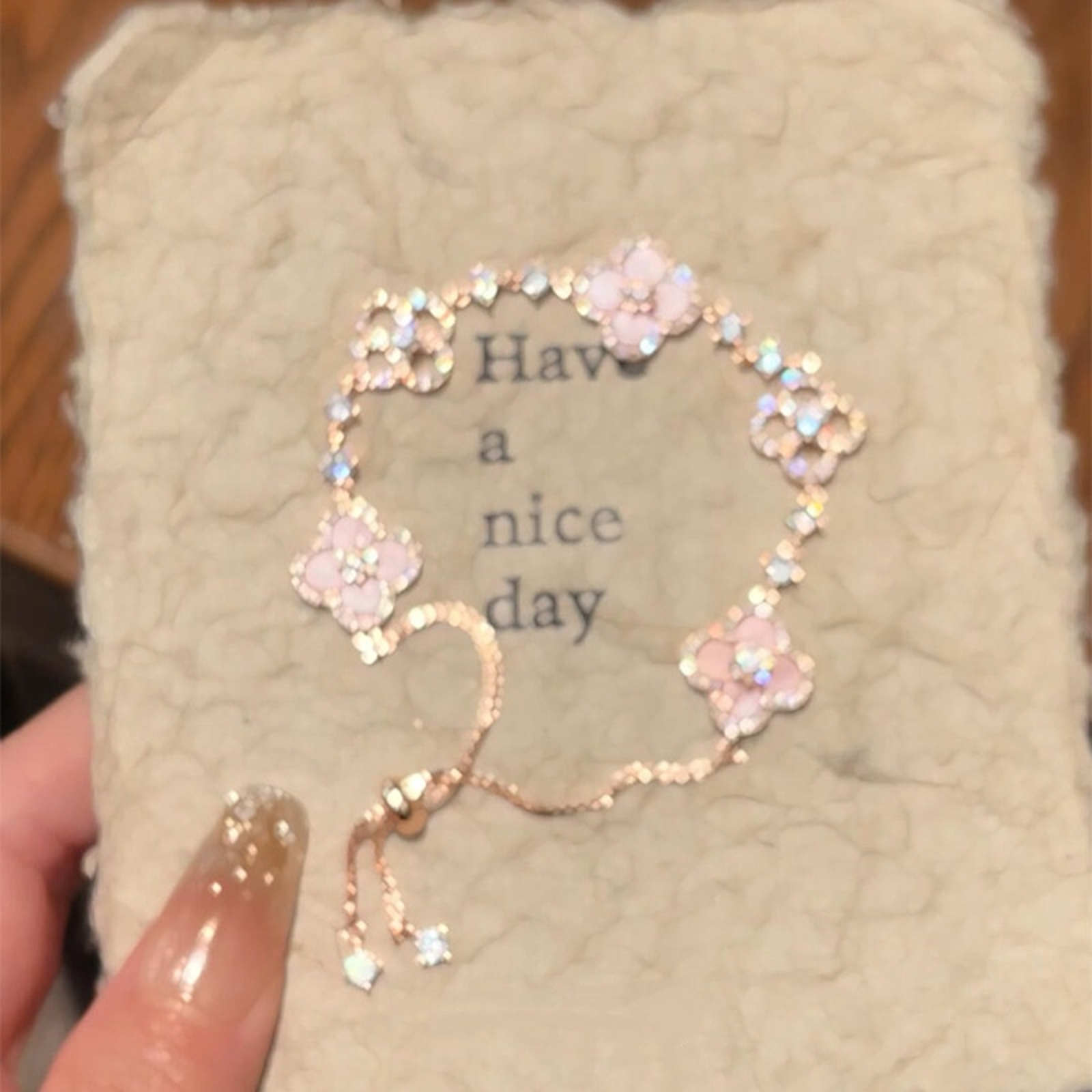 Crystal Clover Bracelets Luxury Style 14K Gold Plated Pink Clover Bracelet Length Adjustable