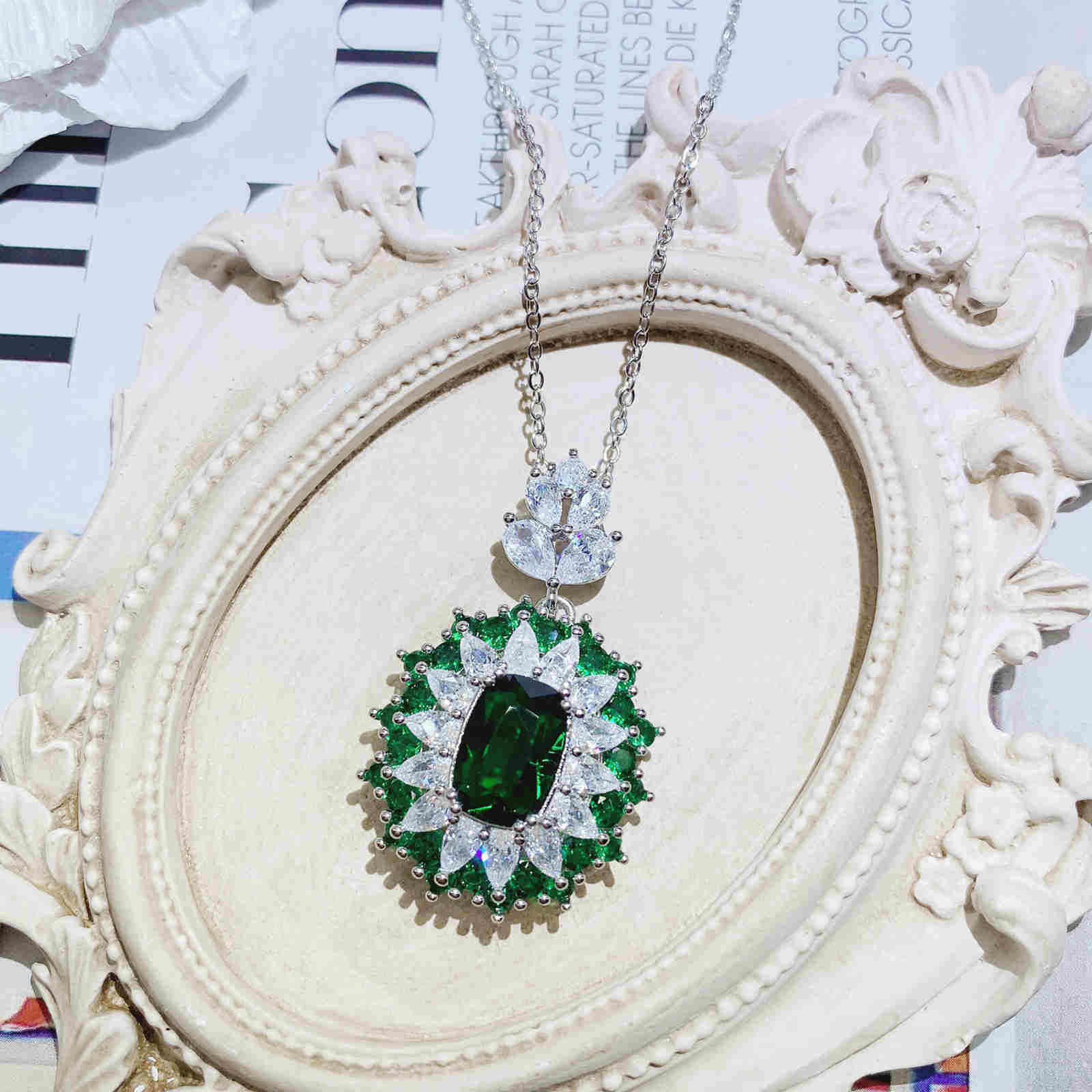 Jewelry Set Blue and Green Synthetic Quartz Crystal Earrings Necklace and Ring Set