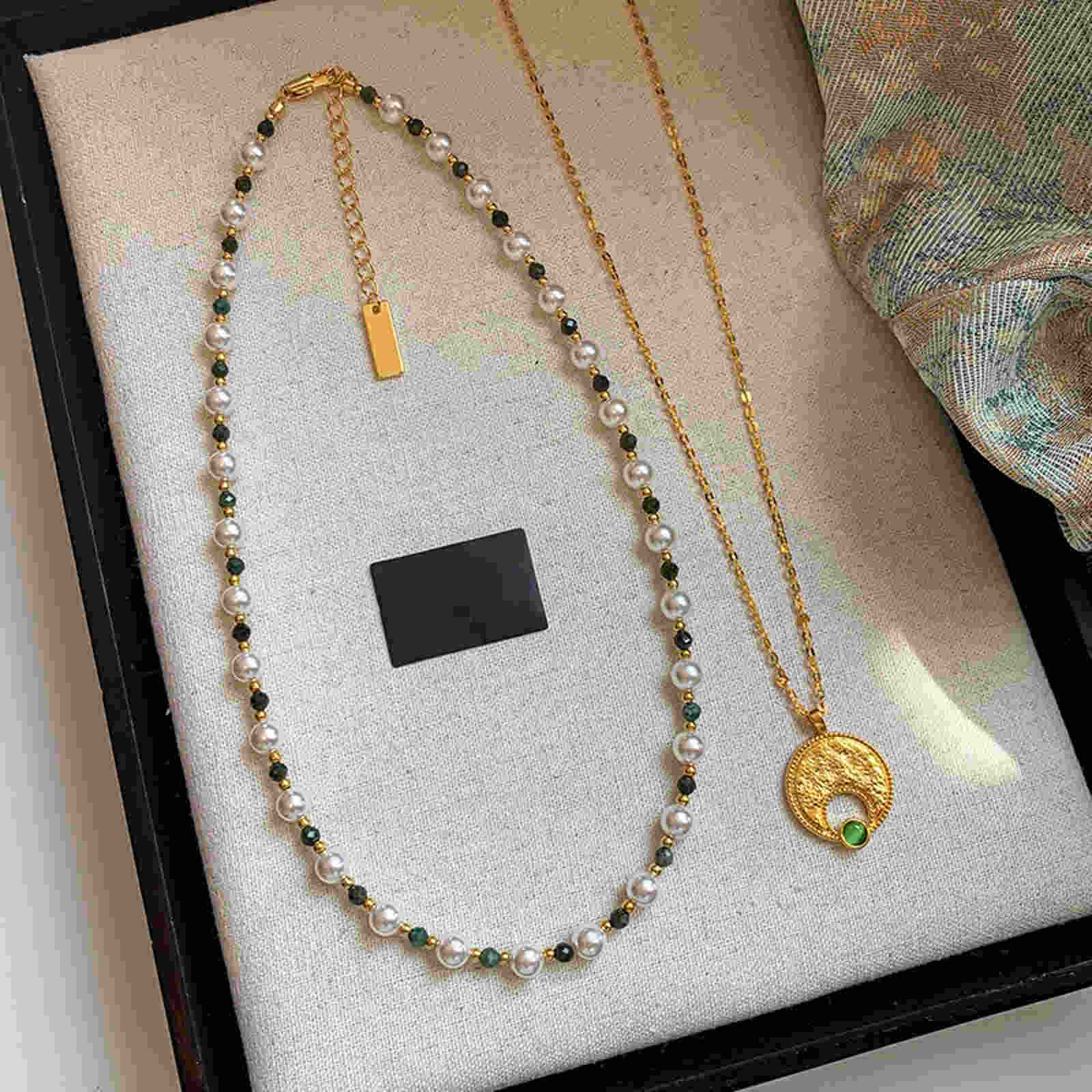 Shell Pearl with Natural Green Stone Necklace Double Layer Necklace
