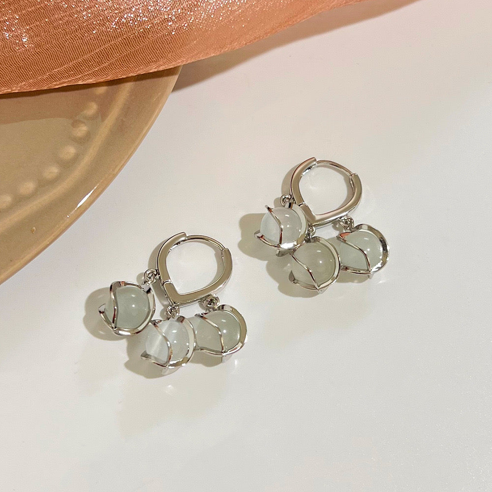 Lily of The Valley Earrings | 3 Moonstone Drop Earrings | Gold Hoop Earrings in Sterling Silver Pin