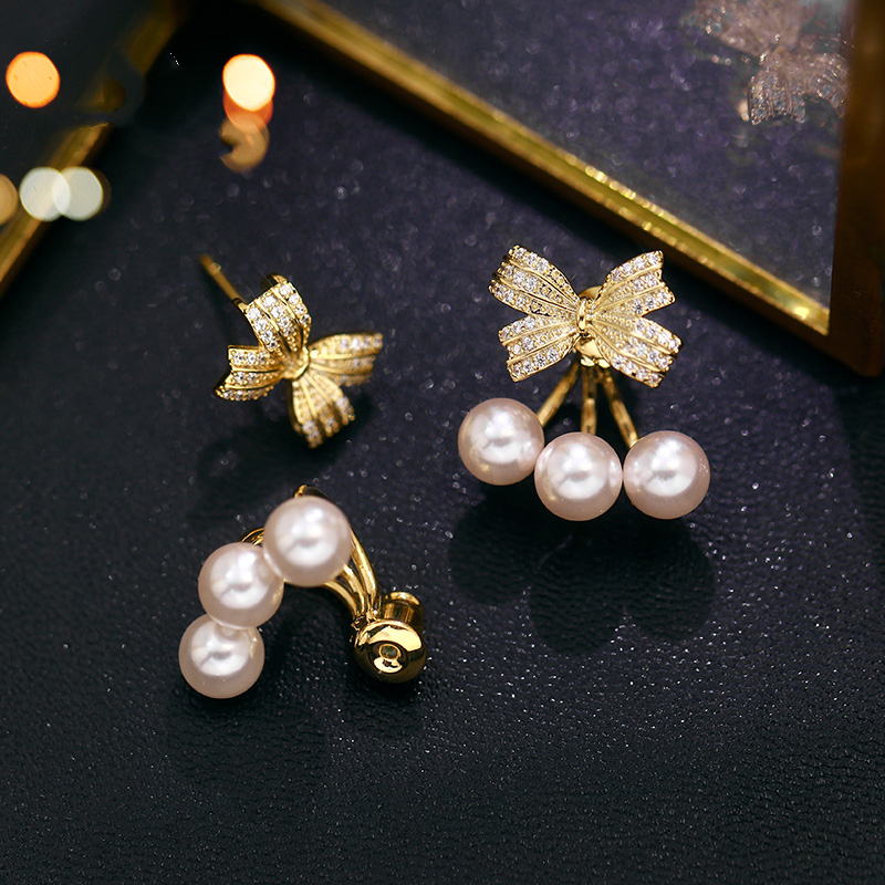 Cherry Pearl Earring Jackets | Pearl Drop Earrings | Bowknot Gold Stud Earrings with S925 pins