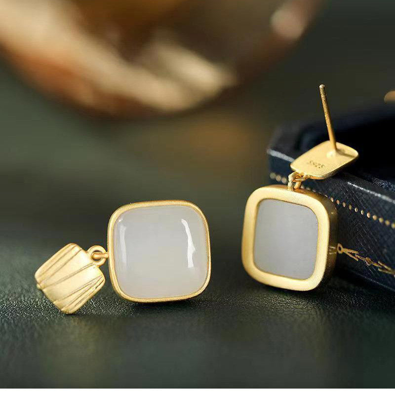 Moonstone Earrings with Silver Pin | Square Gold Gemstone Drop Earrings | 4 Color Available