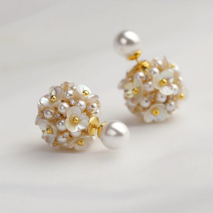 Flower Cluster Pearl Stud Earrings | 2 Side Floral Earrings | Pearl Earrings Stud with Sterling Silver Pins