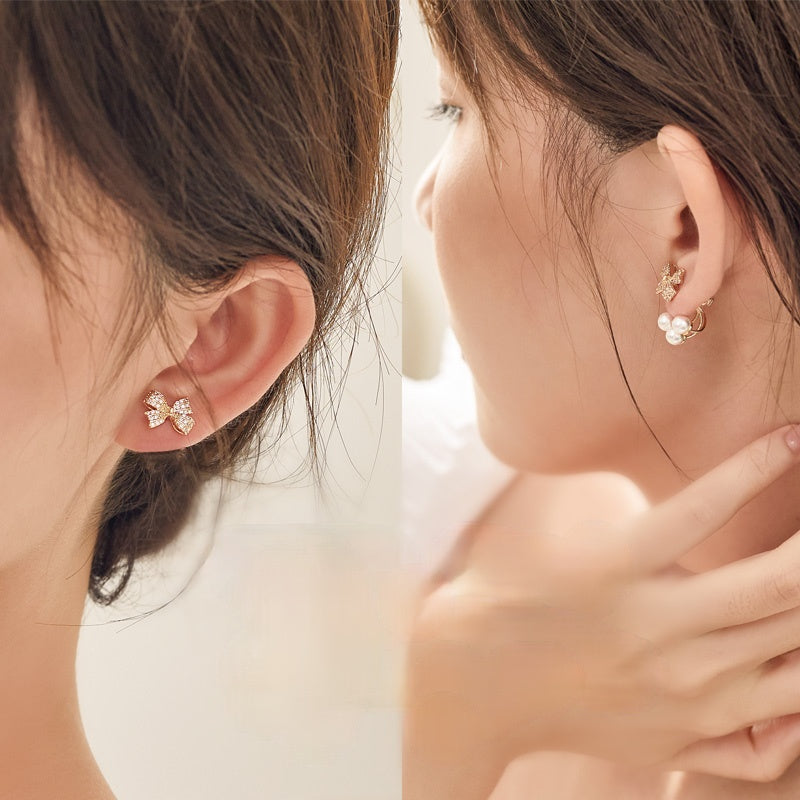 Elegant Bowknot Earring Jacket For Girls Three Pearl Drop Earrings with 14K Gold Over Sterling Silver Pin