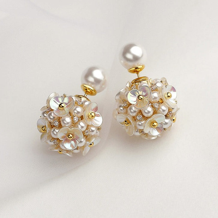 Flower Cluster Pearl Stud Earrings | 2 Side Floral Earrings | Pearl Earrings Stud with Sterling Silver Pins