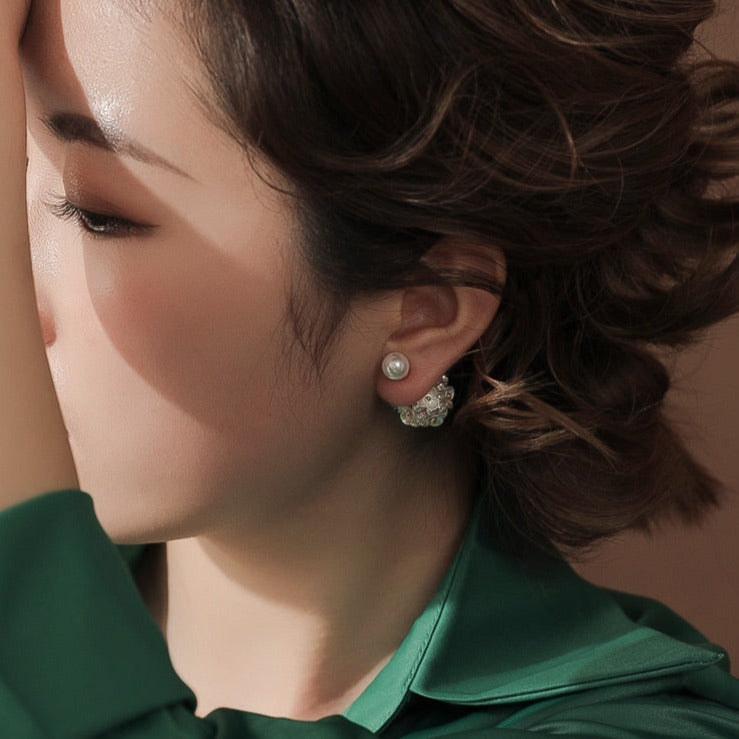 Flower Cluster Pearl Stud Earrings | 2 Side Floral Earrings | Pearl Earrings Stud with Sterling Silver Pins