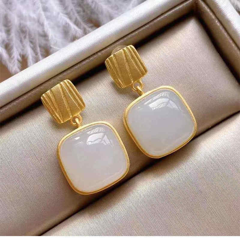 Moonstone Earrings with Silver Pin | Square Gold Gemstone Drop Earrings | 4 Color Available