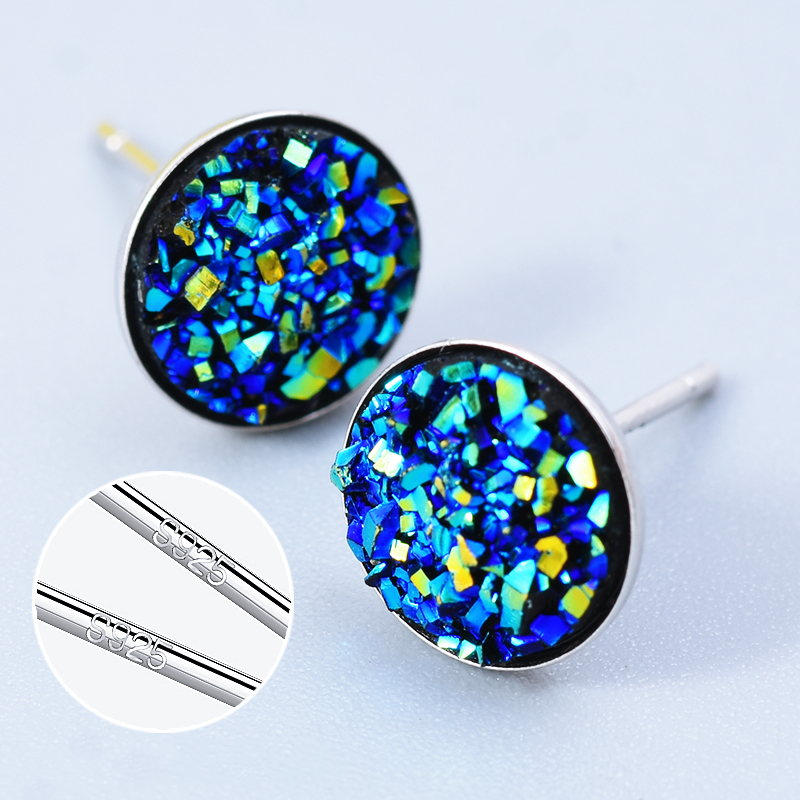 10mm Glitter Crystal Stud Earrings | Drusy Stud Earrings | Sterling Silver Stud Earrings for Men and Women (8mm)