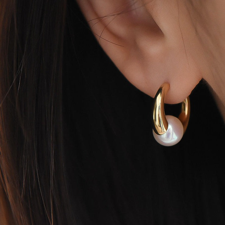 Pendientes de aro de oro grueso | Pendientes Huggie | Pendientes de aro gruesos con perlas