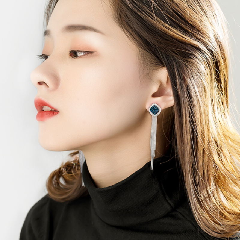 Pendientes colgantes de plata | Pendientes de clip para mujer | Pendientes de Circonitas con Borla de Metal