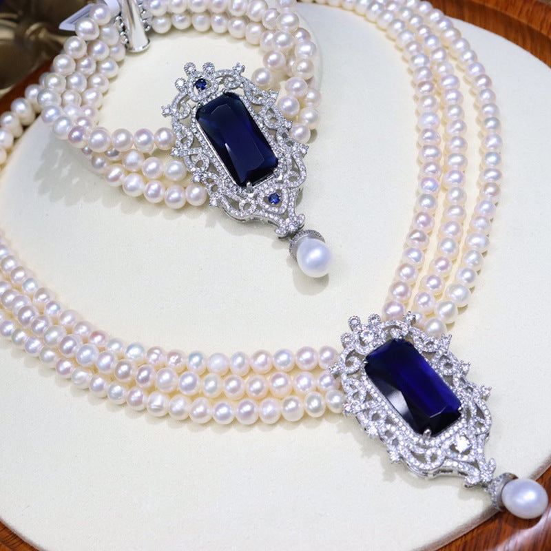 6-7 mm Multi Strand Freshwater Pearl Necklace and Bracelet Set | 3 Strand Pearl Necklace with Pendant Jewelry Set