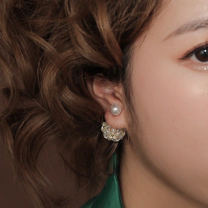 Flower Cluster Pearl Stud Earrings | 2 Side Floral Earrings | Pearl Earrings Stud with Sterling Silver Pins