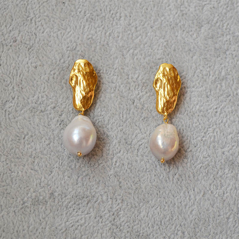 Gold Baroque Pearl Earrings | Real Baroque Pearl Drop Earrings with Sterling Silver Pins