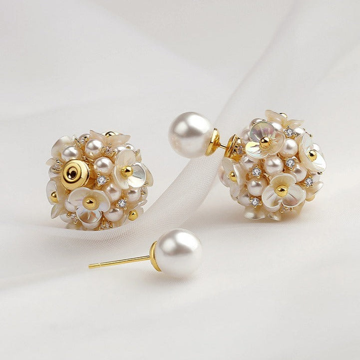 Flower Cluster Pearl Stud Earrings | 2 Side Floral Earrings | Pearl Earrings Stud with Sterling Silver Pins