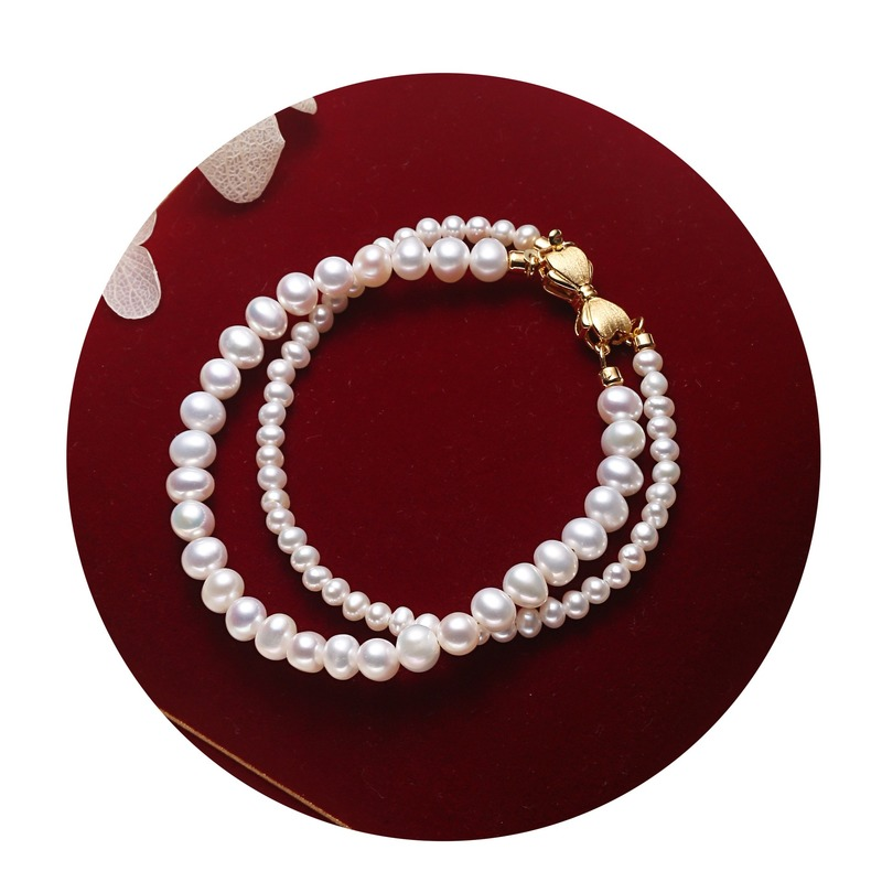 Double Strand Cultured Freshwater Pearl Necklace And Pearl Bracelet with Gold Setting Jewellery Set