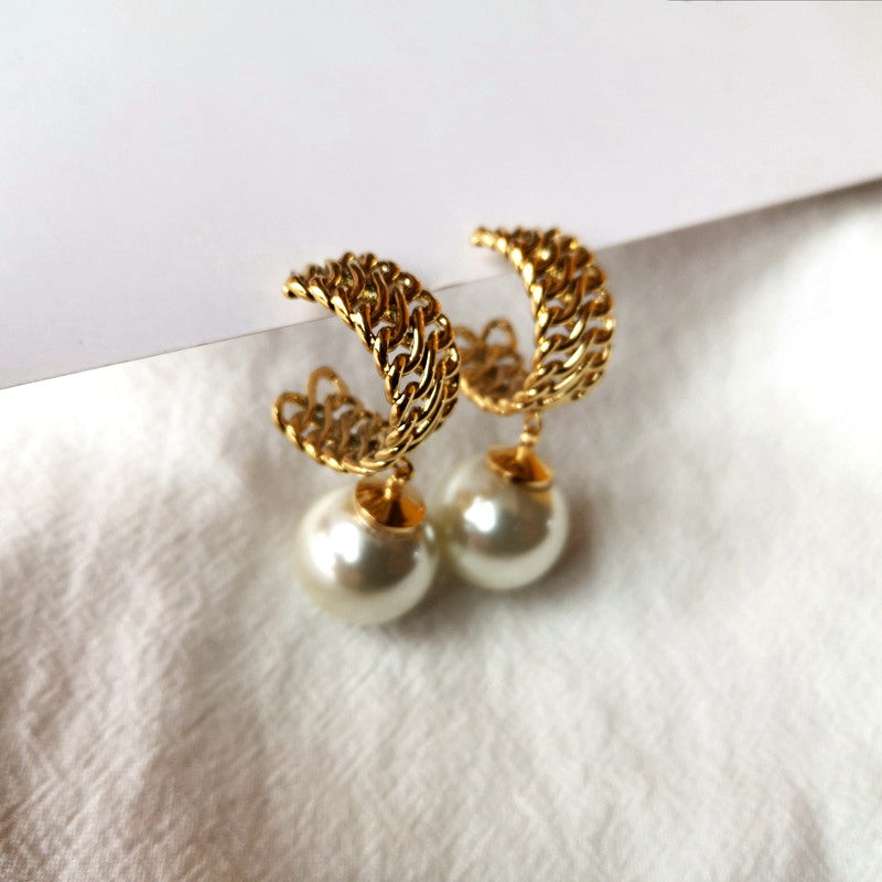 16MM Big Pearl Drop Earrings | Pearl Chain Link Hoop Earrings in 14K Gold Plated