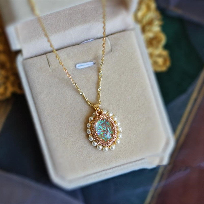 Glitter Gemstone and Pearl Pendant Necklace | Gold Pendant Necklace | Gold Pendant Necklace in 14k Gold Plated