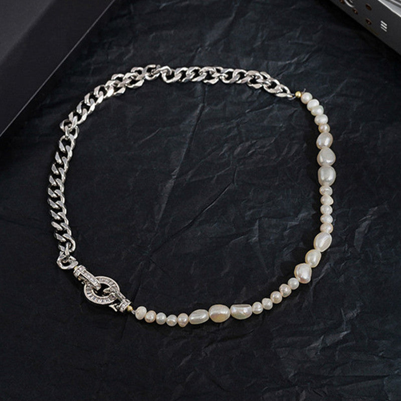 Half Pearl Half Chain Necklace | Silver Necklaces Chain  | Cuban link with Round Clasp Design