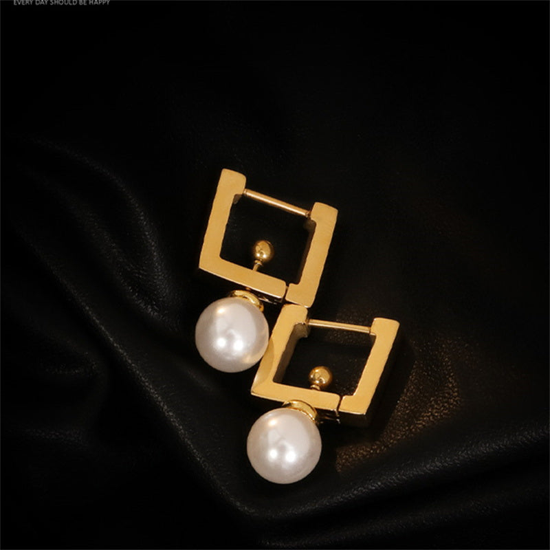 Freshwater Pearl Earrings | Square Hoop Pearl Drop Earrings | Detachable Real Pearl Earrings in 14K Gold Plated (8mm)